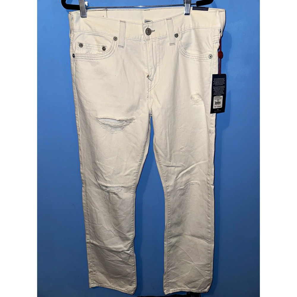 True Religion Ricky Relaxed Straight Jeans White Distressed Denim Sz 34 MC683WW9
